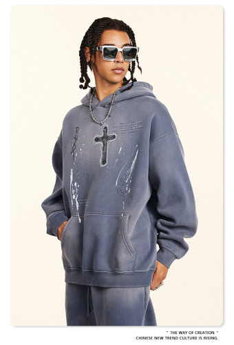 Autumn American street style loose hand-painted couple outfit trendy brand ins paint dot hooded sweatshirt for men