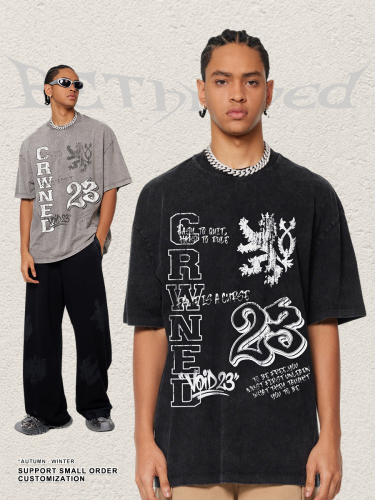 New summer American street style retro distressed washed short-sleeved heavyweight printed T-shirt for men