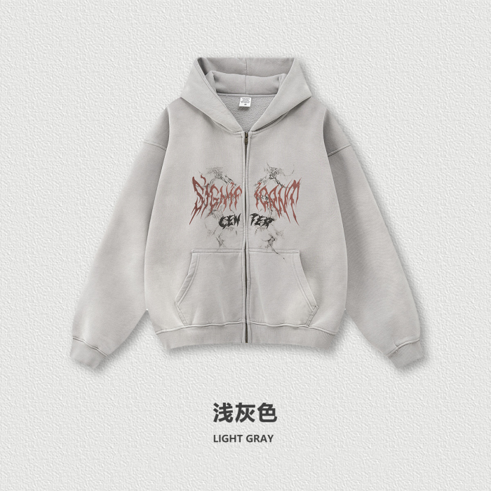 Autumn trendy gothic style zip-up hooded sweatshirt oversized cardigan jacket for men