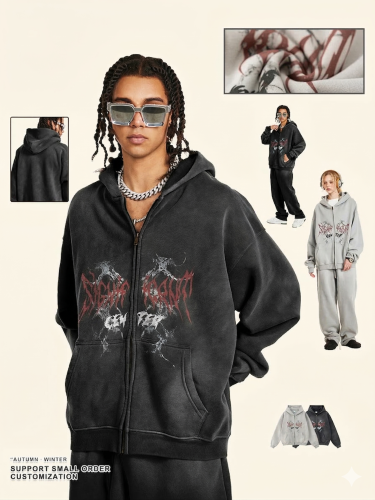 Autumn trendy gothic style zip-up hooded sweatshirt oversized cardigan jacket for men