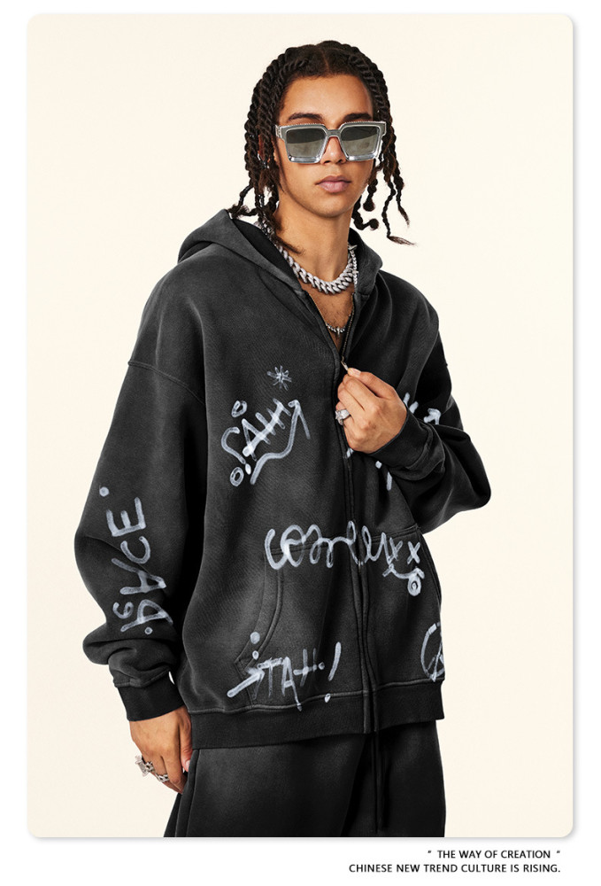 Autumn Winter Graffiti Hand-Painted All-Over Print Fleece-Lined Hooded Cardigan Sweatshirt Loose Zip-Up Jacket for Men