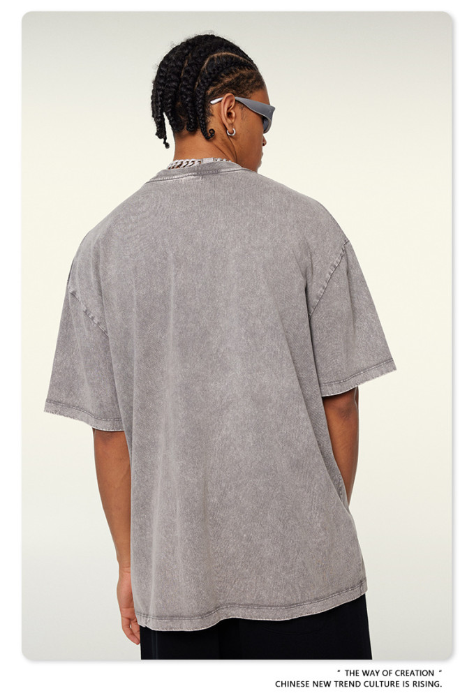 New summer American street style retro distressed washed short-sleeved heavyweight printed T-shirt for men