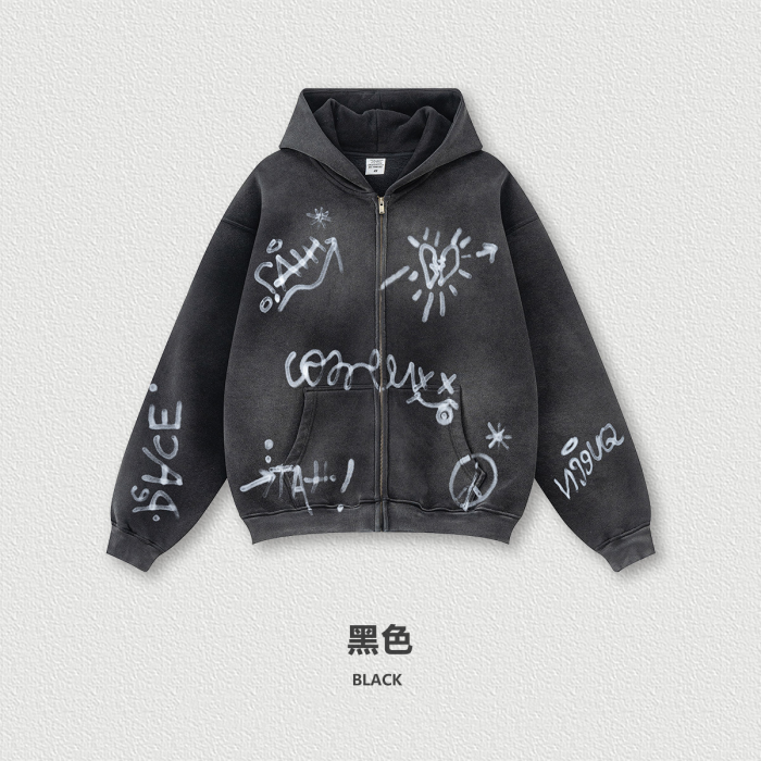 Autumn Winter Graffiti Hand-Painted All-Over Print Fleece-Lined Hooded Cardigan Sweatshirt Loose Zip-Up Jacket for Men