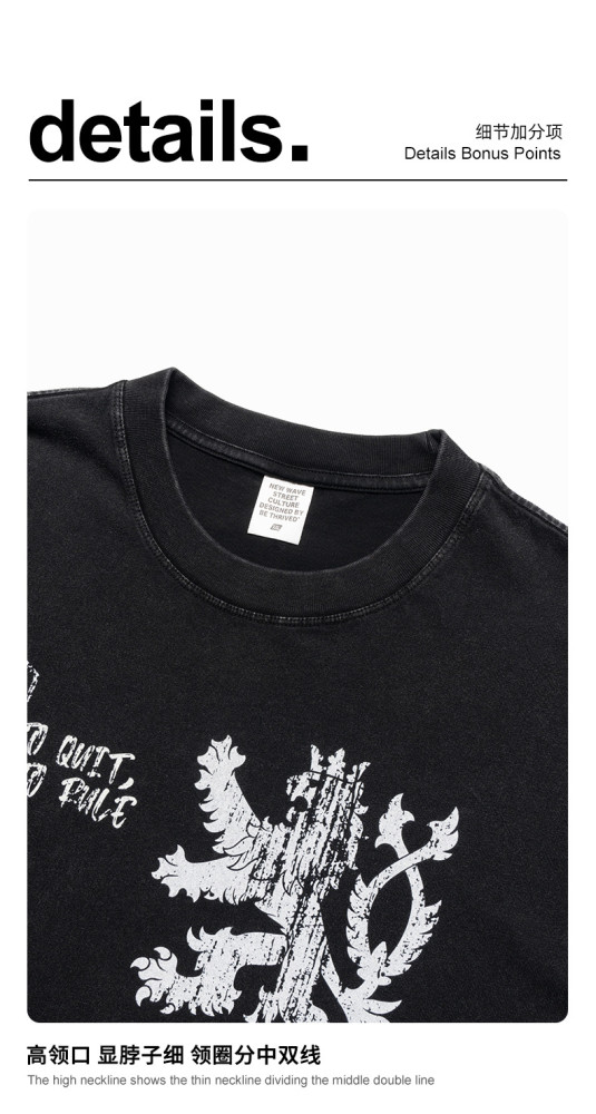 New summer American street style retro distressed washed short-sleeved heavyweight printed T-shirt for men
