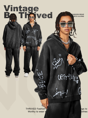 Autumn Winter Graffiti Hand-Painted All-Over Print Fleece-Lined Hooded Cardigan Sweatshirt Loose Zip-Up Jacket for Men