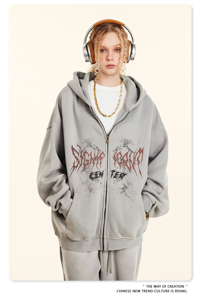 Autumn trendy gothic style zip-up hooded sweatshirt oversized cardigan jacket for men