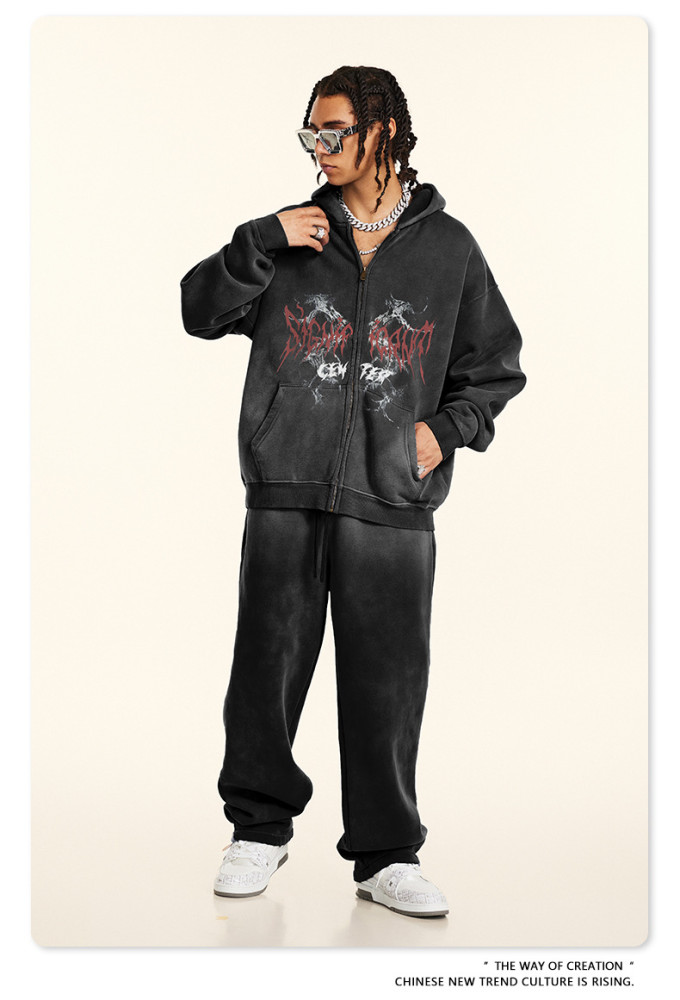 Autumn trendy gothic style zip-up hooded sweatshirt oversized cardigan jacket for men