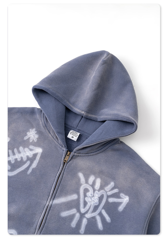 Autumn Winter Graffiti Hand-Painted All-Over Print Fleece-Lined Hooded Cardigan Sweatshirt Loose Zip-Up Jacket for Men