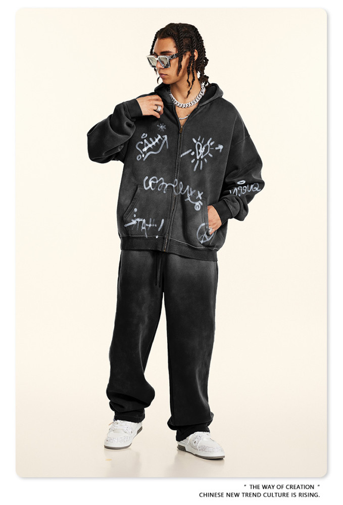 Autumn Winter Graffiti Hand-Painted All-Over Print Fleece-Lined Hooded Cardigan Sweatshirt Loose Zip-Up Jacket for Men