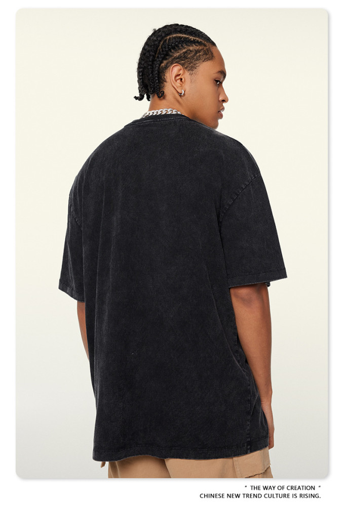 New summer American street style retro distressed washed short-sleeved heavyweight printed T-shirt for men