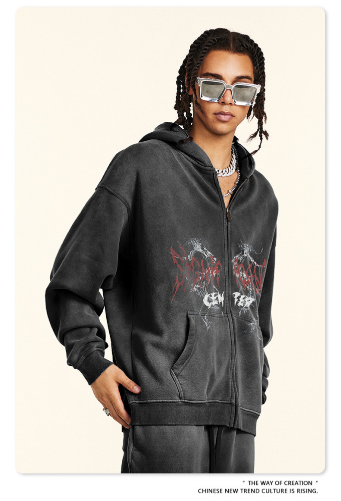Autumn trendy gothic style zip-up hooded sweatshirt oversized cardigan jacket for men