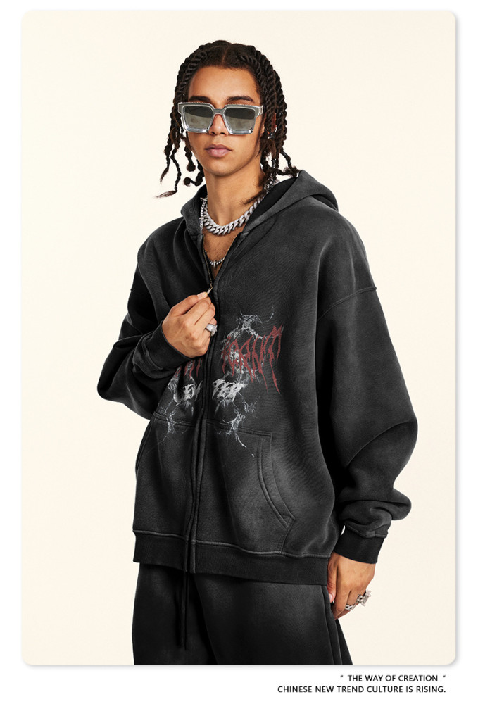 Autumn trendy gothic style zip-up hooded sweatshirt oversized cardigan jacket for men