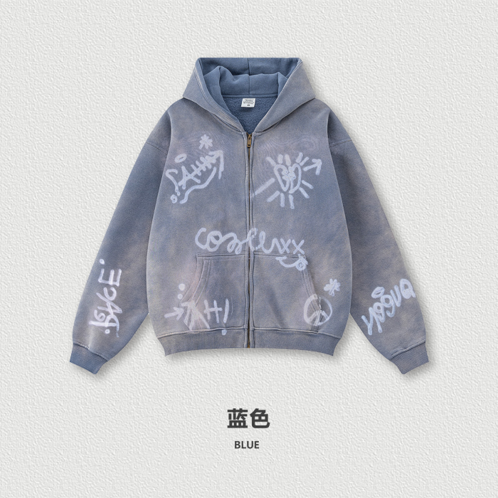 Autumn Winter Graffiti Hand-Painted All-Over Print Fleece-Lined Hooded Cardigan Sweatshirt Loose Zip-Up Jacket for Men