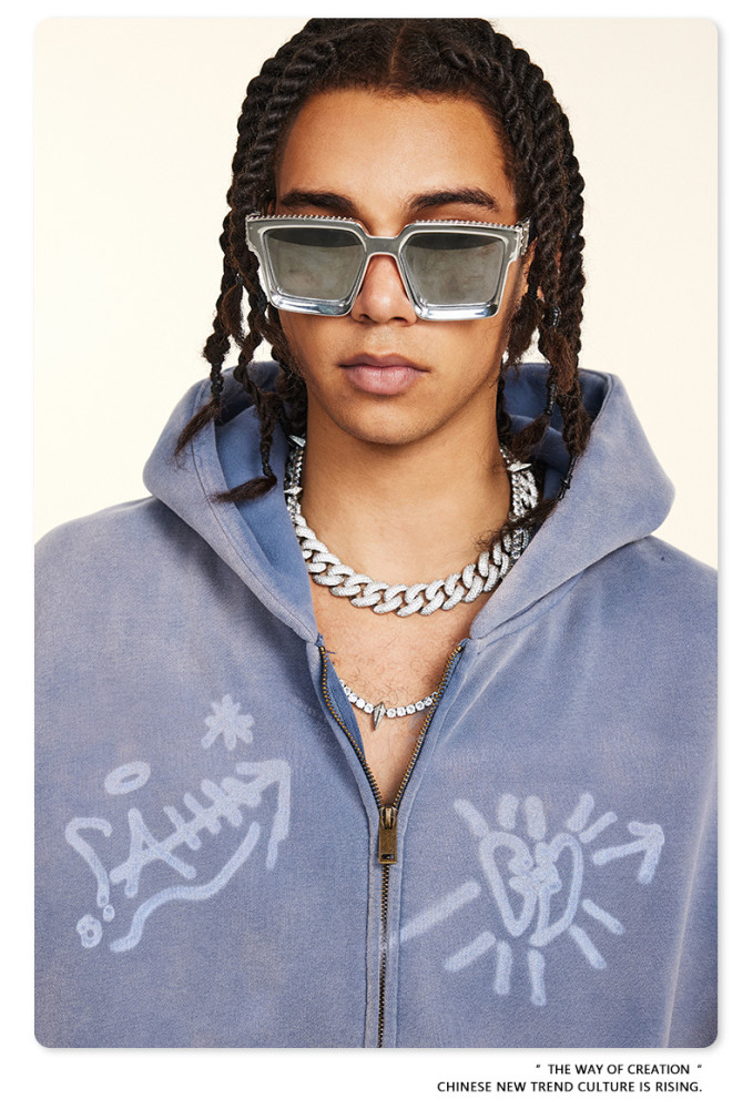 Autumn Winter Graffiti Hand-Painted All-Over Print Fleece-Lined Hooded Cardigan Sweatshirt Loose Zip-Up Jacket for Men
