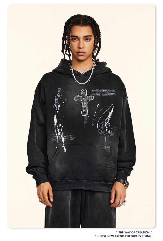 Autumn American street style loose hand-painted couple outfit trendy brand ins paint dot hooded sweatshirt for men