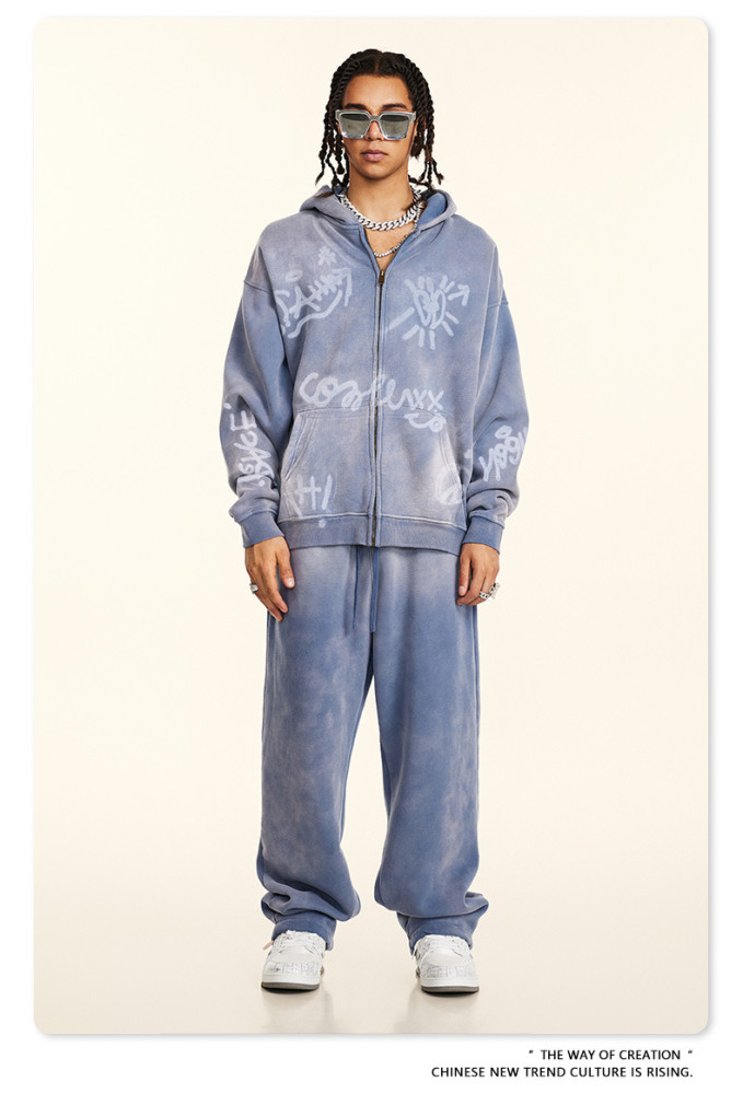 Autumn Winter Graffiti Hand-Painted All-Over Print Fleece-Lined Hooded Cardigan Sweatshirt Loose Zip-Up Jacket for Men