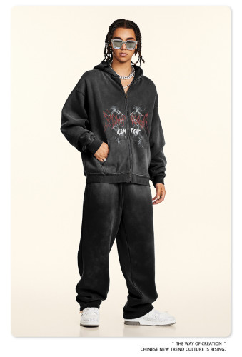 Autumn trendy gothic style zip-up hooded sweatshirt oversized cardigan jacket for men