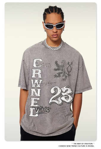 New summer American street style retro distressed washed short-sleeved heavyweight printed T-shirt for men