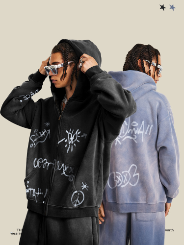 Autumn Winter Graffiti Hand-Painted All-Over Print Fleece-Lined Hooded Cardigan Sweatshirt Loose Zip-Up Jacket for Men