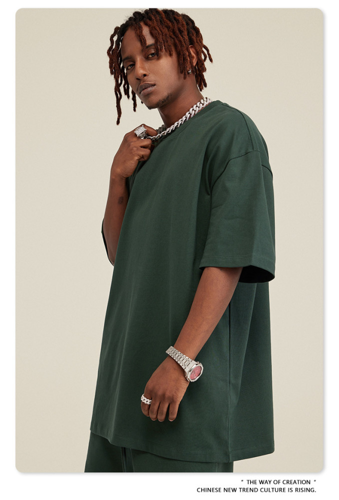 Summer Heavyweight T-Shirt Men's American Style Pure Cotton Trendy Solid Color Short Sleeve Youth Top
