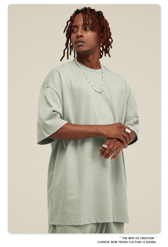 Summer Heavyweight T-Shirt Men's American Style Pure Cotton Trendy Solid Color Short Sleeve Youth Top
