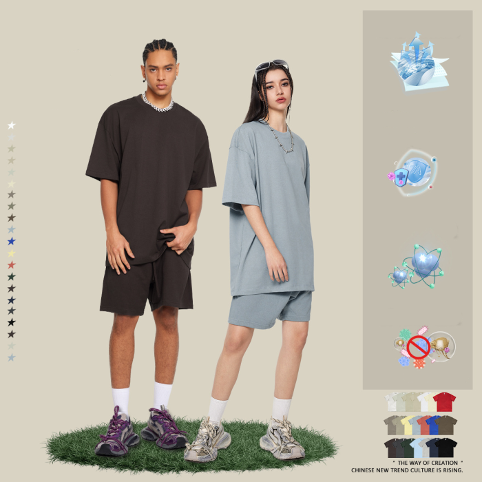 Summer Heavyweight T-Shirt Men's American Style Pure Cotton Trendy Solid Color Short Sleeve Youth Top