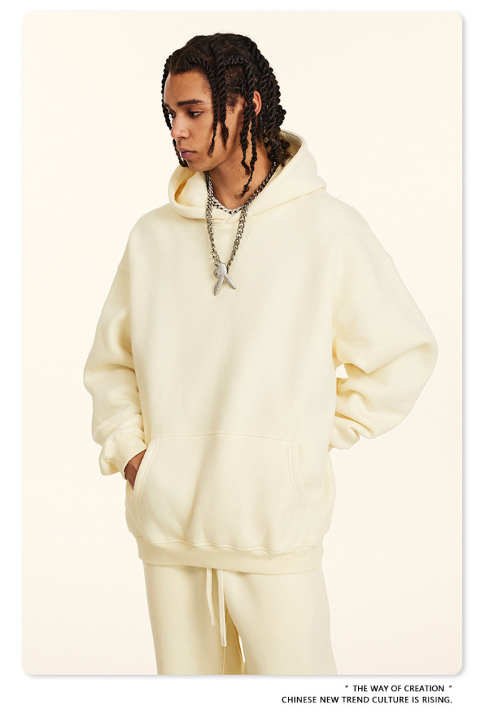 Autumn solid color casual loose plus size thick hooded sweatshirt with fleece lining for men's trendy
