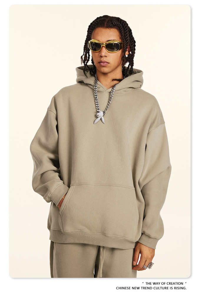 Autumn solid color casual loose plus size thick hooded sweatshirt with fleece lining for men's trendy