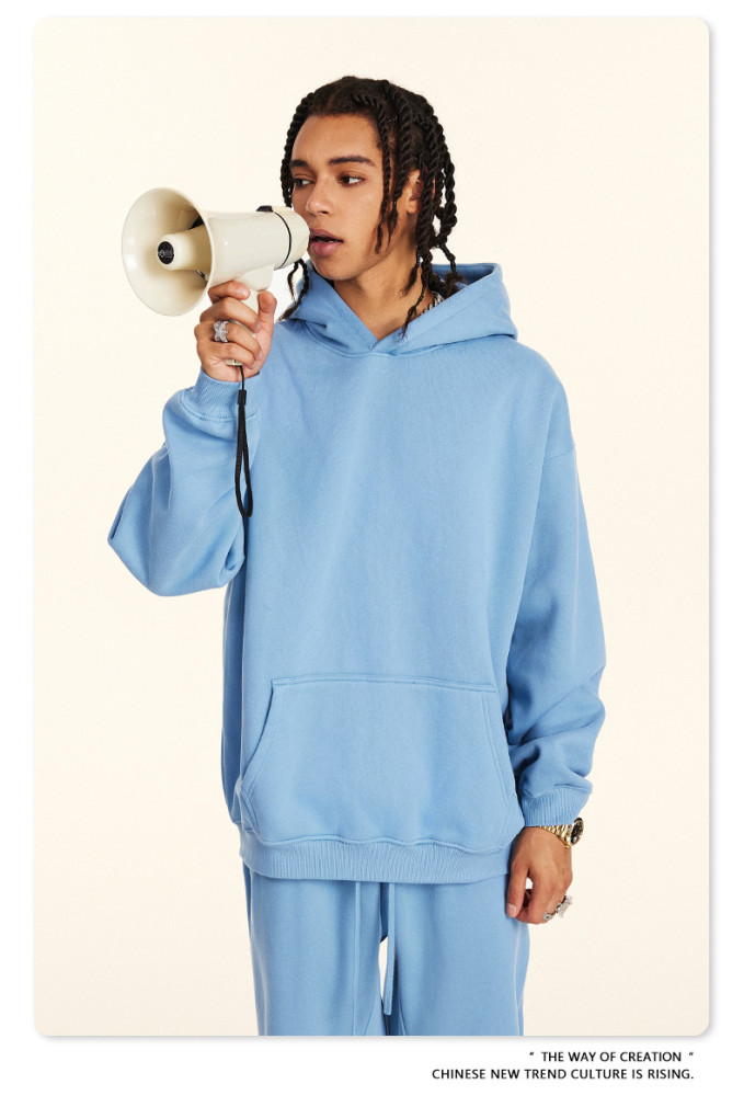 Autumn solid color casual loose plus size thick hooded sweatshirt with fleece lining for men's trendy
