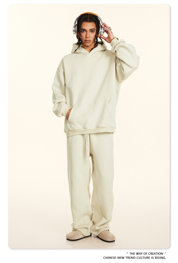 Autumn solid color casual loose plus size thick hooded sweatshirt with fleece lining for men's trendy