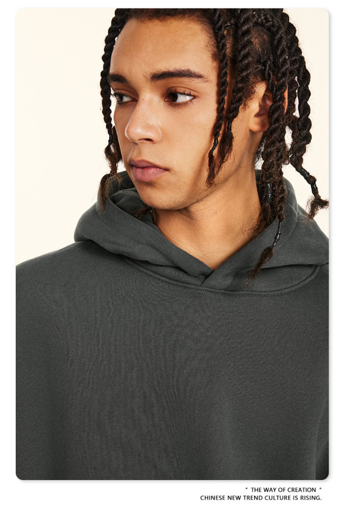 Autumn solid color casual loose plus size thick hooded sweatshirt with fleece lining for men's trendy