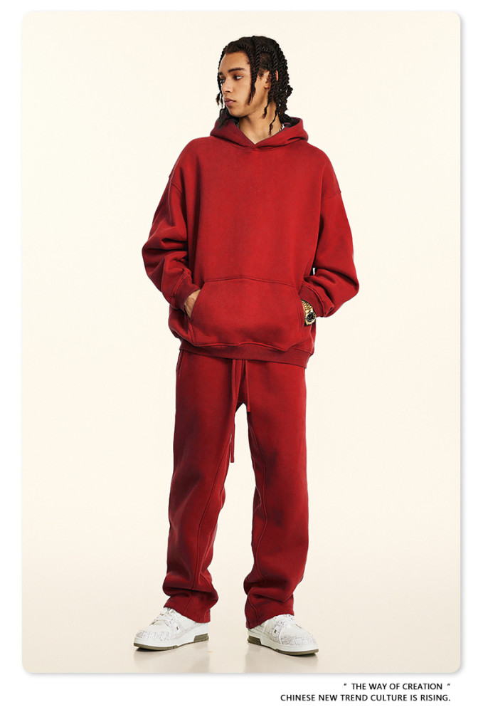 Autumn solid color casual loose plus size thick hooded sweatshirt with fleece lining for men's trendy