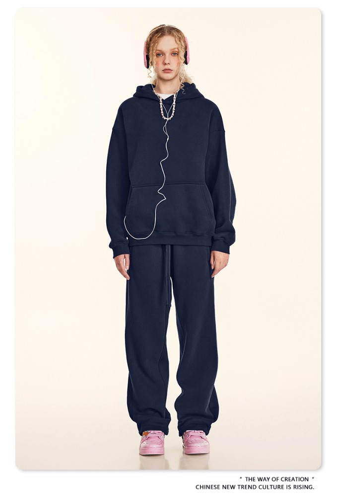 Autumn solid color casual loose plus size thick hooded sweatshirt with fleece lining for men's trendy