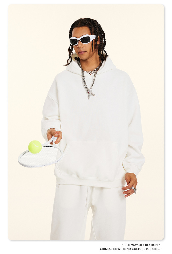 Autumn solid color casual loose plus size thick hooded sweatshirt with fleece lining for men's trendy