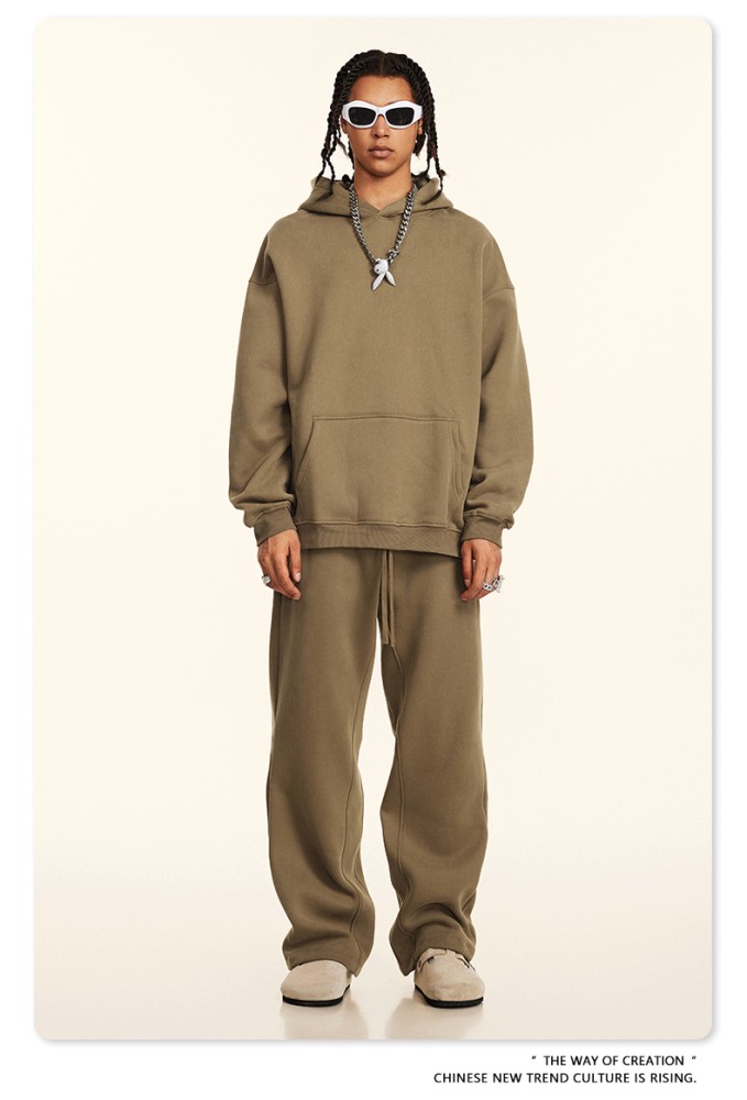 Autumn solid color casual loose plus size thick hooded sweatshirt with fleece lining for men's trendy