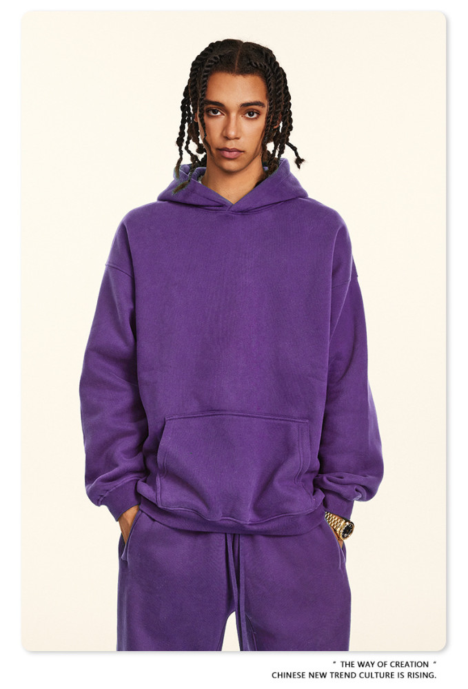Autumn solid color casual loose plus size thick hooded sweatshirt with fleece lining for men's trendy