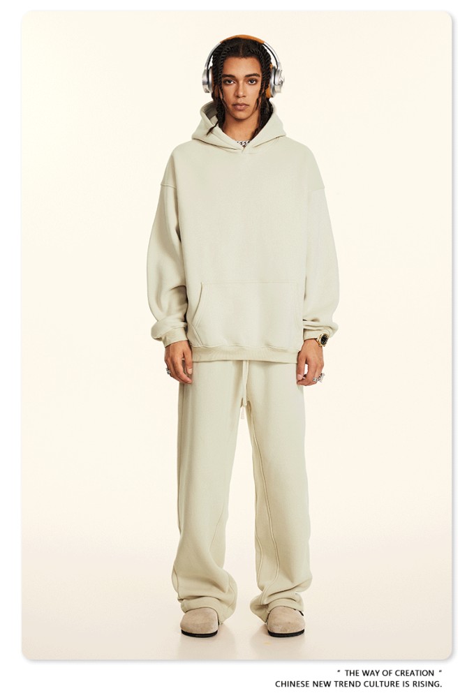 Autumn solid color casual loose plus size thick hooded sweatshirt with fleece lining for men's trendy