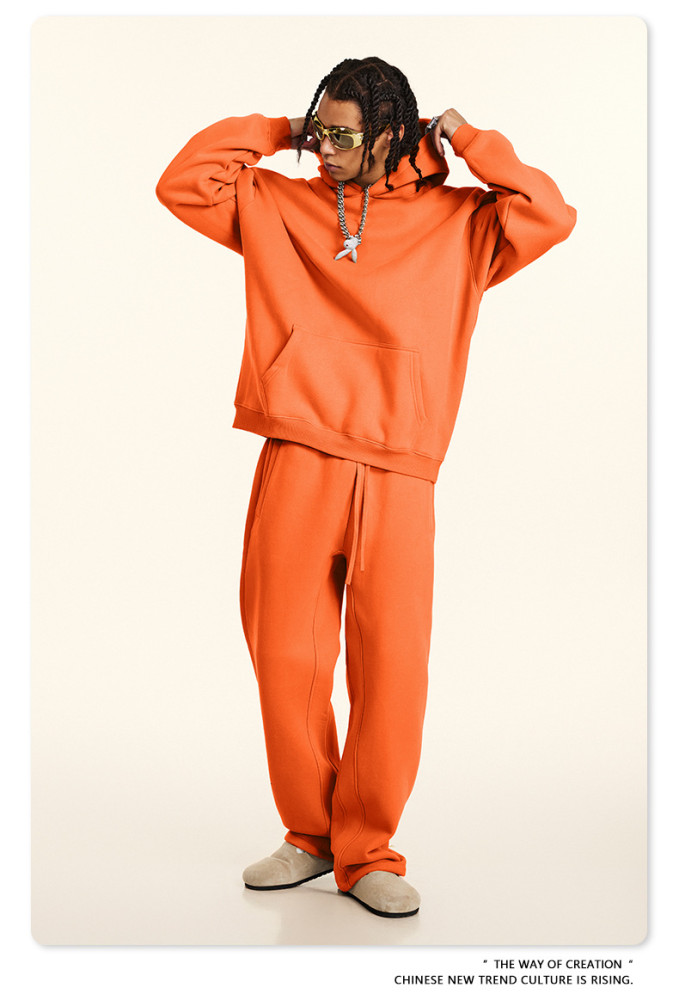 Autumn solid color casual loose plus size thick hooded sweatshirt with fleece lining for men's trendy