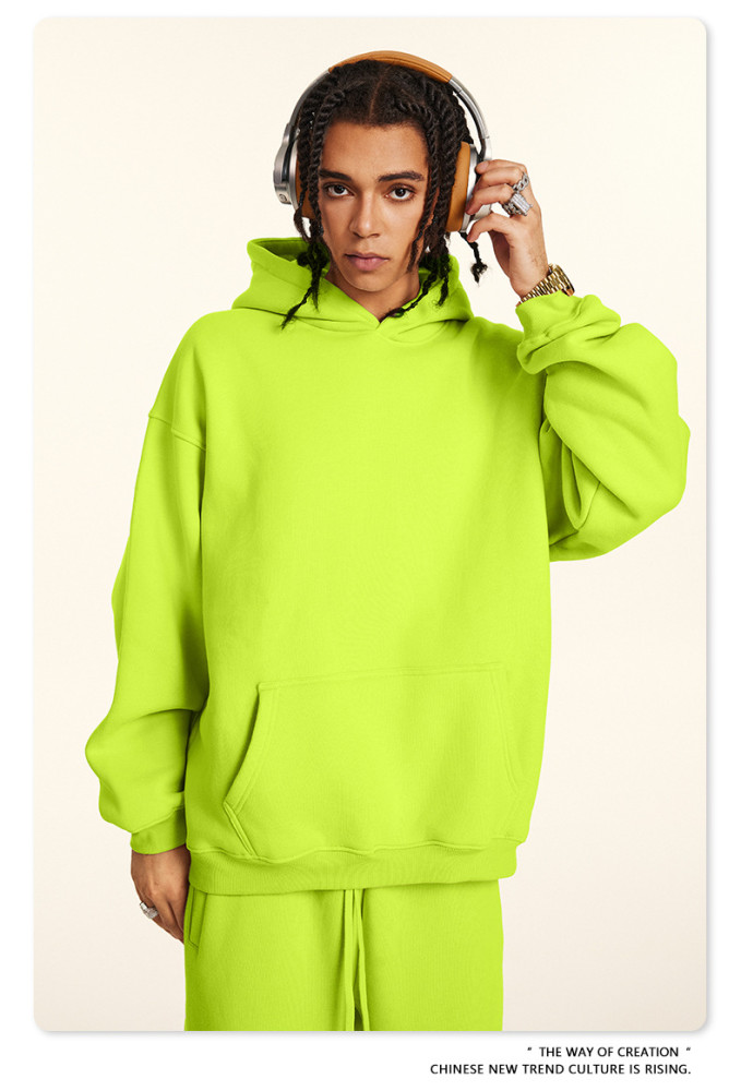 Autumn solid color casual loose plus size thick hooded sweatshirt with fleece lining for men's trendy