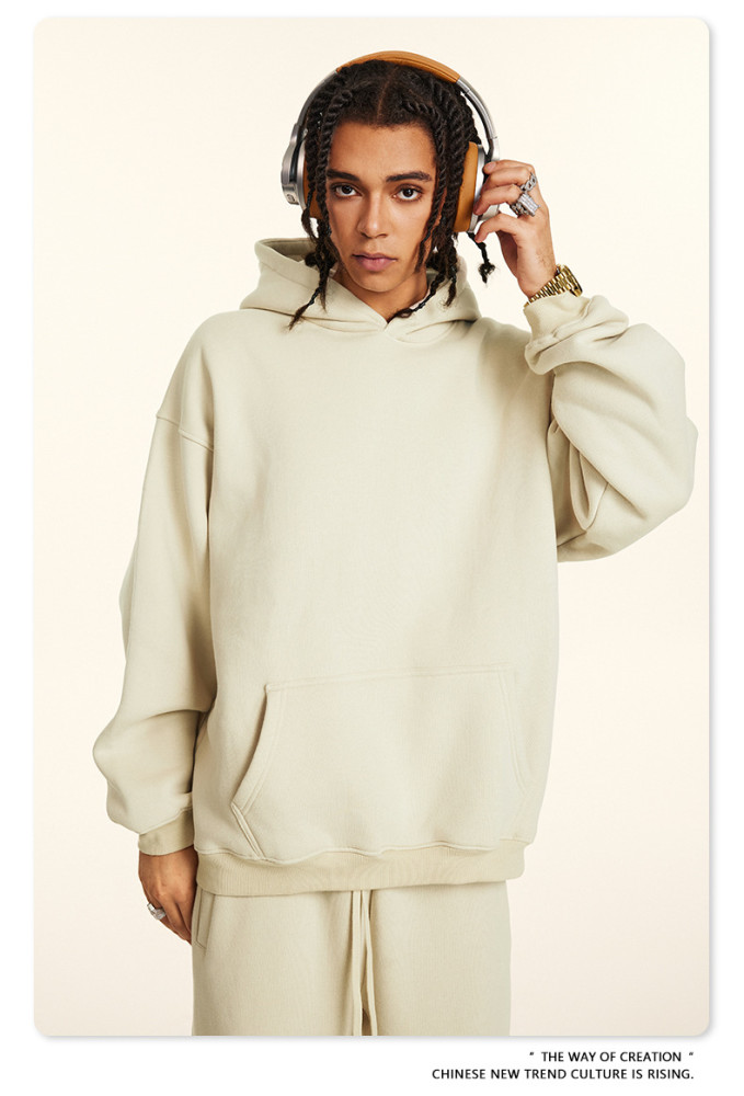 Autumn solid color casual loose plus size thick hooded sweatshirt with fleece lining for men's trendy