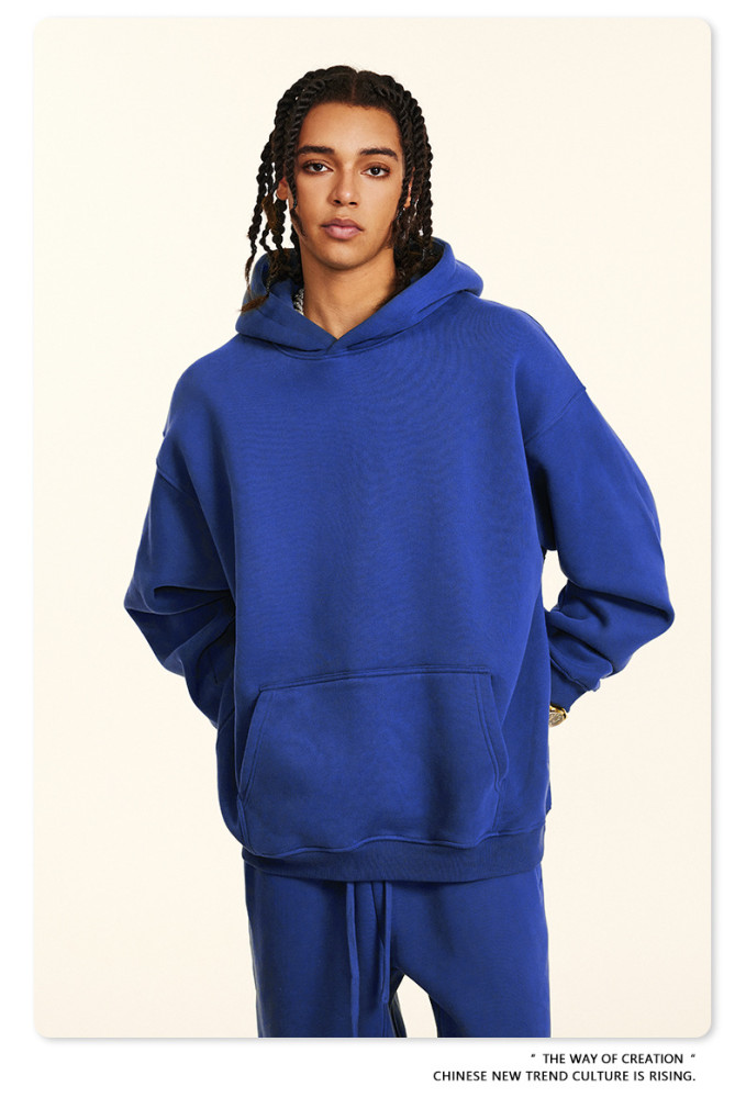 Autumn solid color casual loose plus size thick hooded sweatshirt with fleece lining for men's trendy