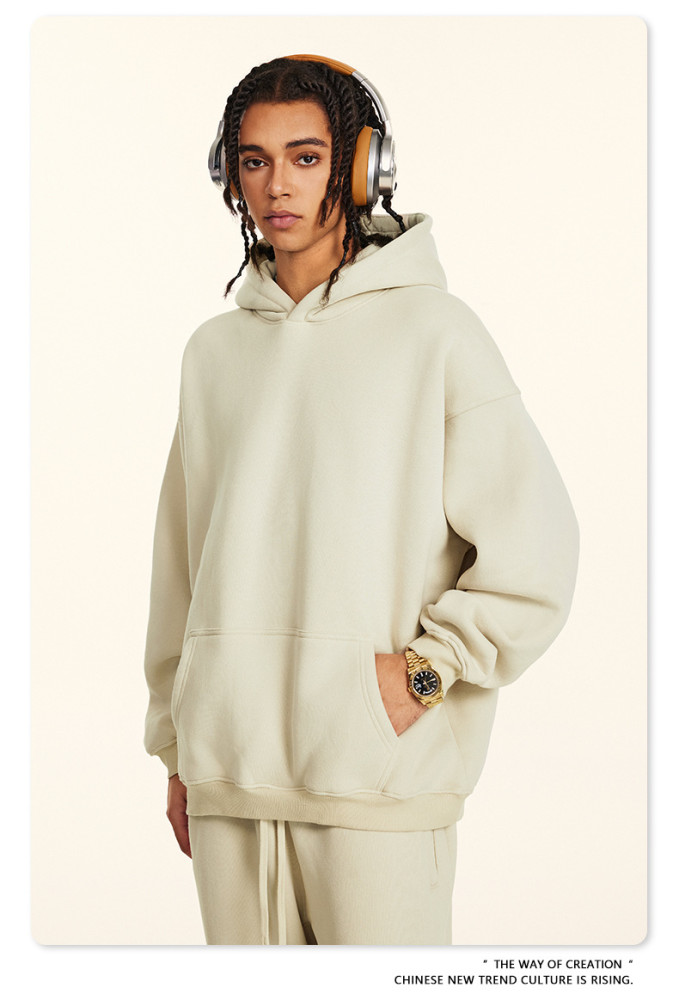 Autumn solid color casual loose plus size thick hooded sweatshirt with fleece lining for men's trendy