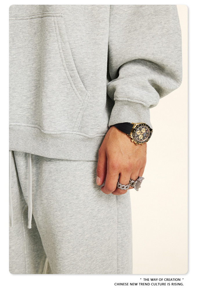 Autumn solid color casual loose plus size thick hooded sweatshirt with fleece lining for men's trendy