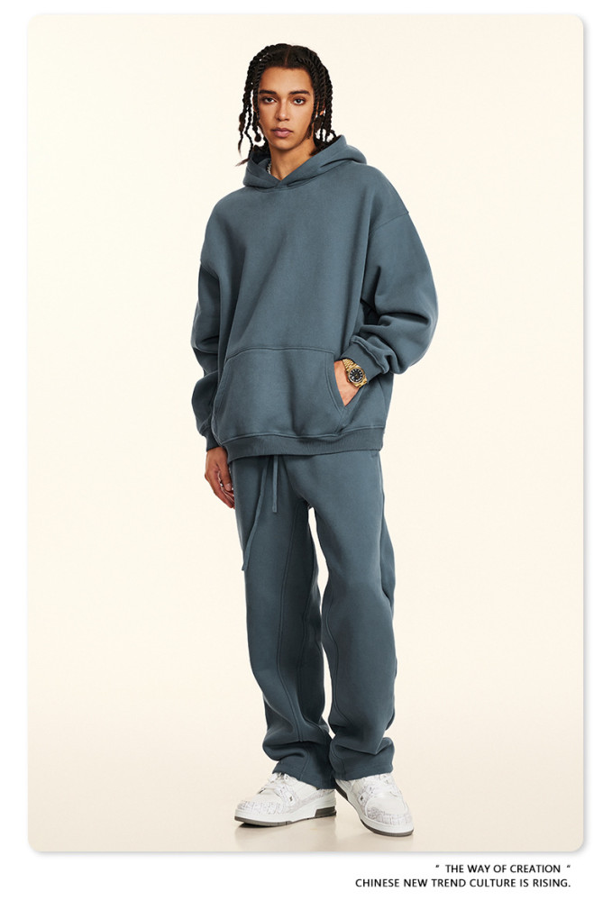 Autumn solid color casual loose plus size thick hooded sweatshirt with fleece lining for men's trendy