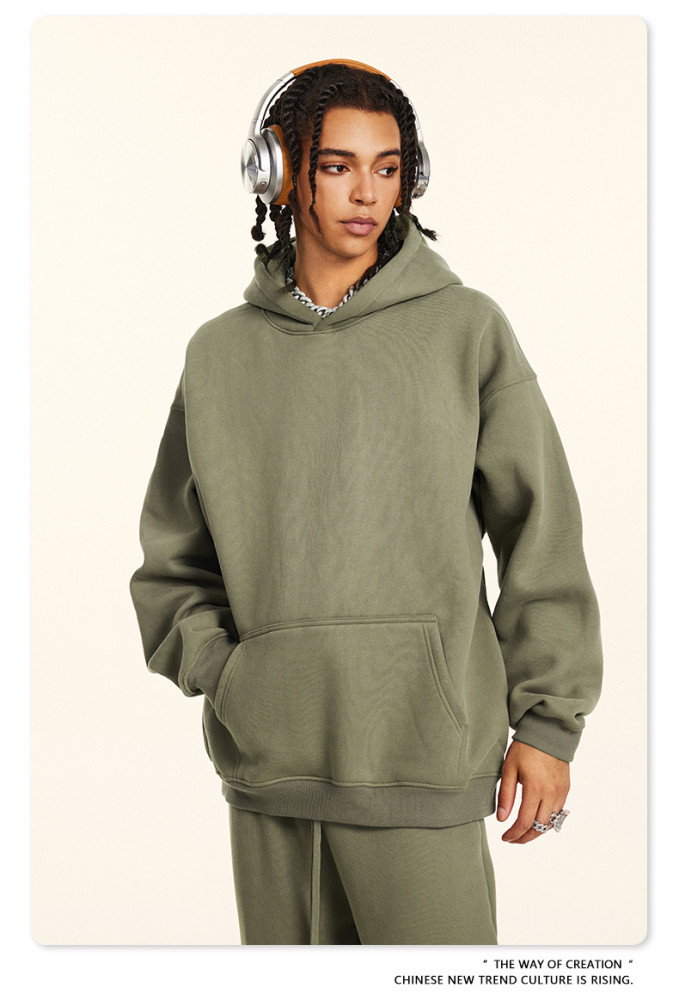 Autumn solid color casual loose plus size thick hooded sweatshirt with fleece lining for men's trendy