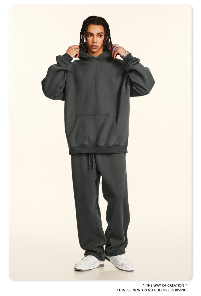 Autumn solid color casual loose plus size thick hooded sweatshirt with fleece lining for men's trendy