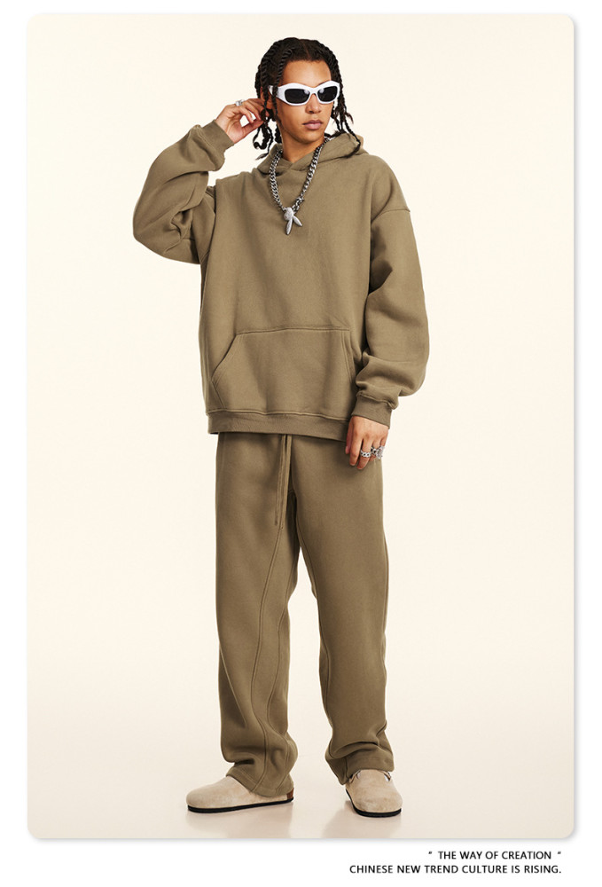 Autumn solid color casual loose plus size thick hooded sweatshirt with fleece lining for men's trendy