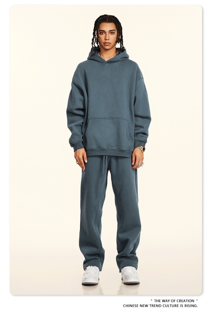 Autumn solid color casual loose plus size thick hooded sweatshirt with fleece lining for men's trendy