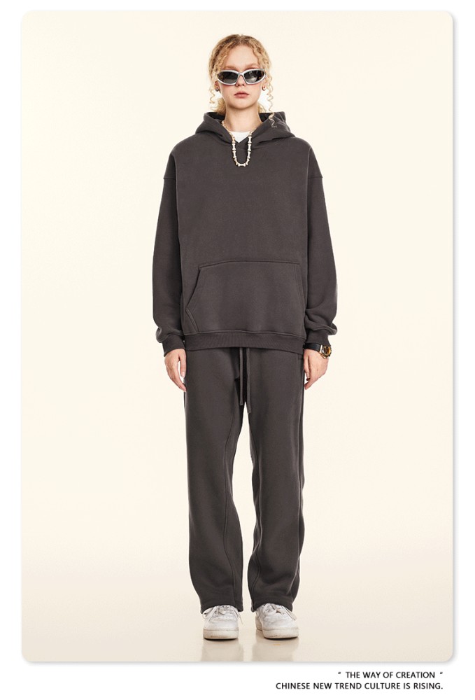 Autumn solid color casual loose plus size thick hooded sweatshirt with fleece lining for men's trendy