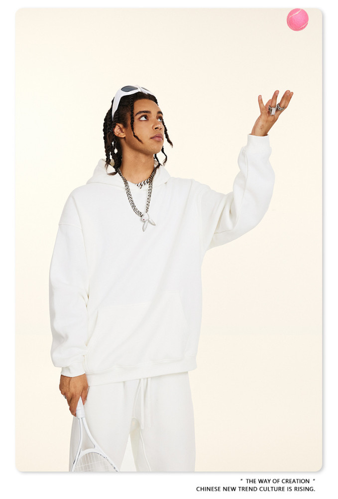 Autumn solid color casual loose plus size thick hooded sweatshirt with fleece lining for men's trendy